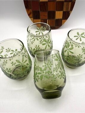 4 Libbey Mint Bouquet Green Juice Glasses. Vintage 1966